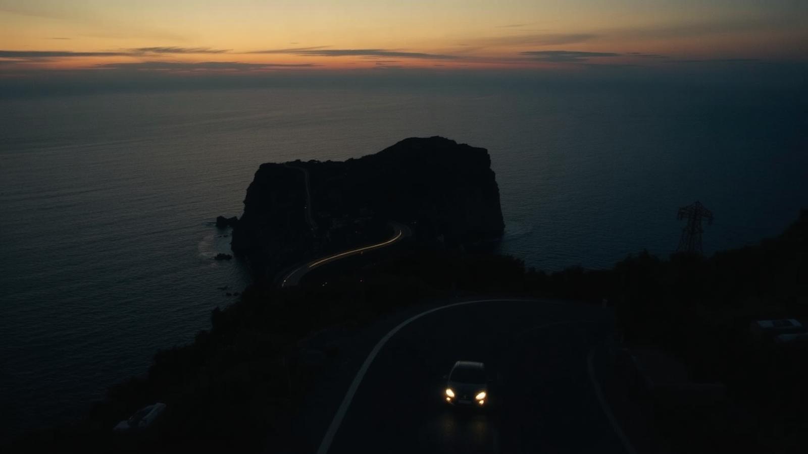 Sicilian coastal road at dusk above the sea with car headlights